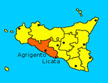 Carta geografica della Sicilia con in evidenza le città di Agrigento e Licata